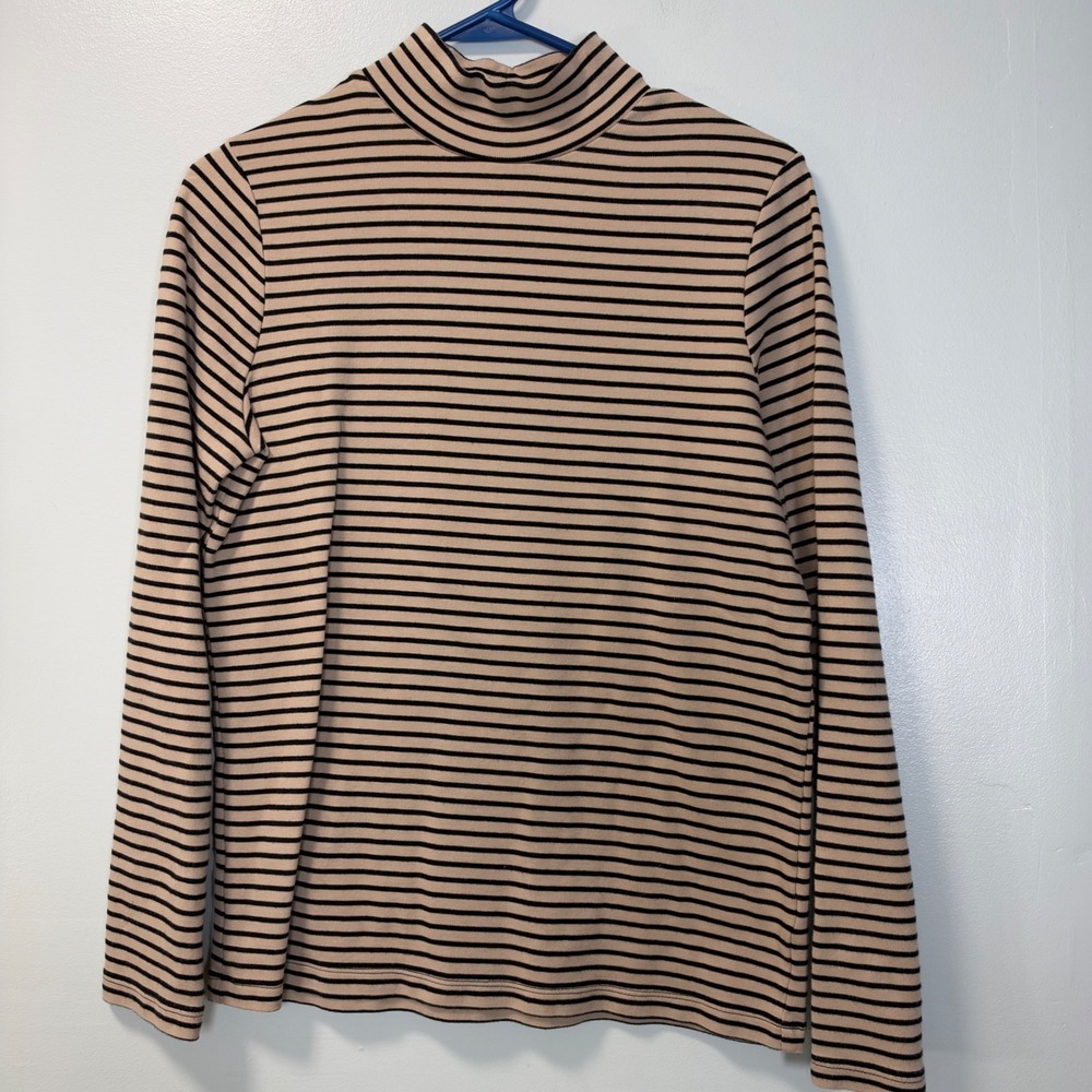Kim Rogers Womens Tan Black Striped Mock Neck Long Sleeve Cotton Shirt M
